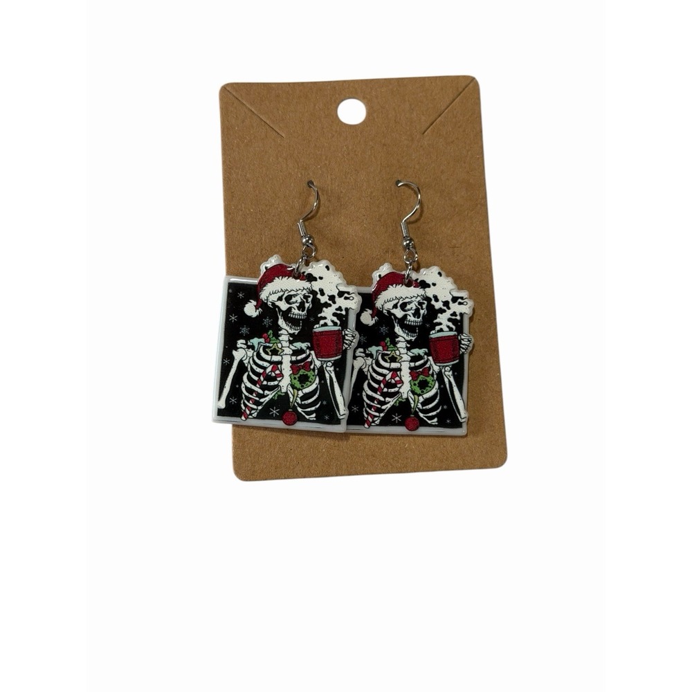 Christmas Skeleton Dangle Earrings Santa Hat Coffee Mug Holiday Goth Jewelry